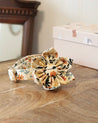A floral print bow tie is displayed on a wooden surface, with a wooden chair and a box with a floral pattern in the background.