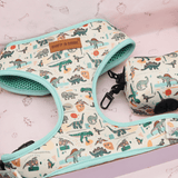 A white and teal dog harness with a dinosaur print pattern, featuring various dinosaur illustrations such as T-Rexes, Velociraptors, and Stegosaurus. The harness appears to be a pet product, possibly designed for a young dog or a child.